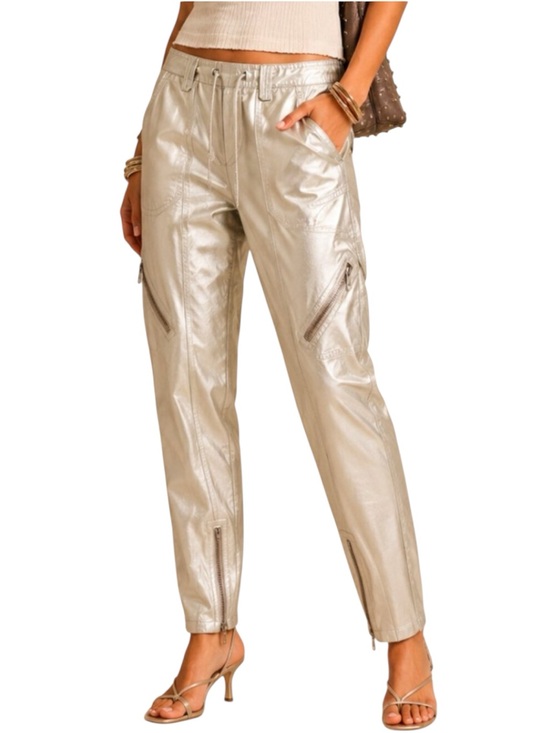 BCBGMaxAzria Pants - Y2K BCBGMAXAZRIA Metallic Silver Satin Cargo Zip Pants Futuristic Utility Size 6